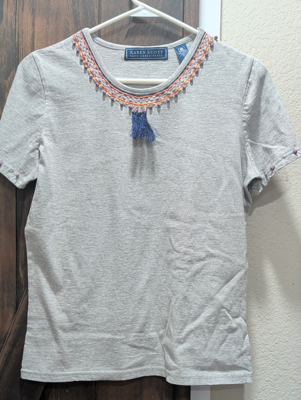 Karen Scott Gray Short-Sleeve T-Shirt with Embroidered Neckline and Blue Tassel